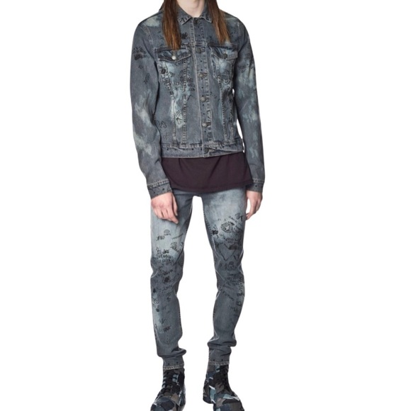 Cheap Monday Staple Denim Jacket Psyched SZ Medium Blue Graffiti Hand Print - Picture 3 of 10